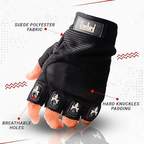 Steelbird Polyester Half Finger Bike Riding Gloves, Protective Off-Road Motorbike Racing Gloves