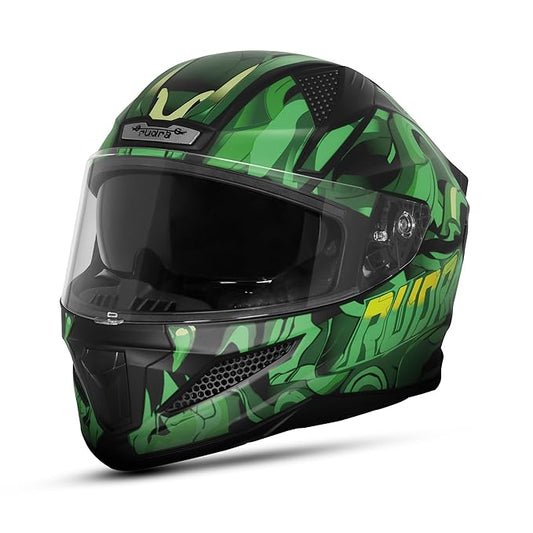 Steelbird SBH-25 Rudra Agni ISI Certified Full Face Graphic Helmet for Men with Inner Smoke Sun Shield ( Glossy Black Green)