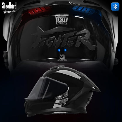 Steelbird SBH-57 Fighter Bass X Bluetooth Helmet ISI and DOT Certified Full Face Helmet for Men with Inner Silver Sun Shield (Glossy Black)