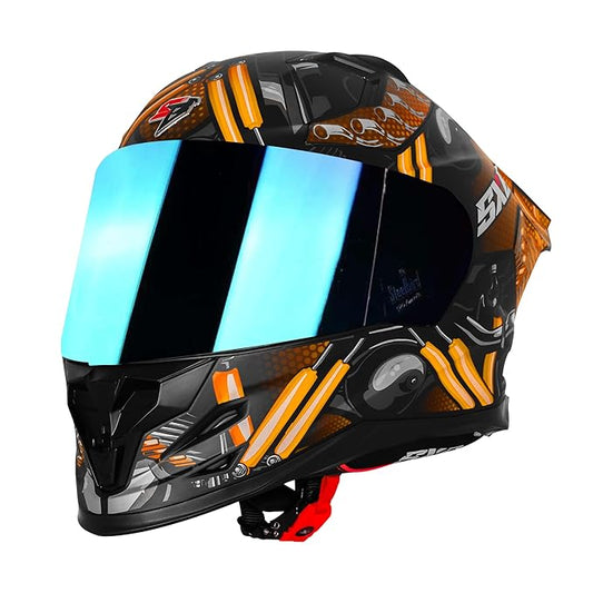 Steelbird SBH 61 SXE X2 ISI and Dot Certified Full Face Helmet for Men and with Inner Silver Sunshield (Glossy Black Orange)