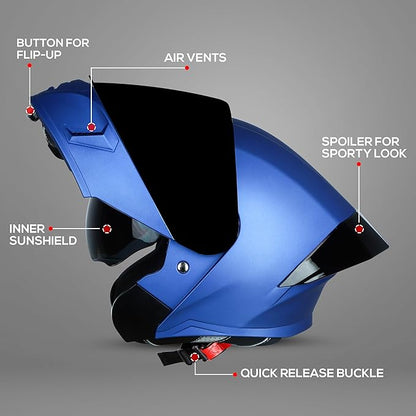 Steelbird SBA-20 7Wings ISI Certified Flip-Up Helmet with Black Spoiler for Men and Women with Inner Smoke Sun Shield (Glossy Blue with Smoke Visor).