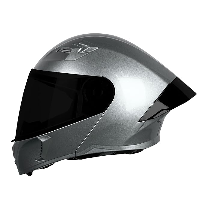 Steelbird SBA-20 7Wings ISI Certified Flip-Up Helmet with Black Spoiler for Men and Women with Inner Smoke Sun Shield (Glossy Silver with Smoke Visor).