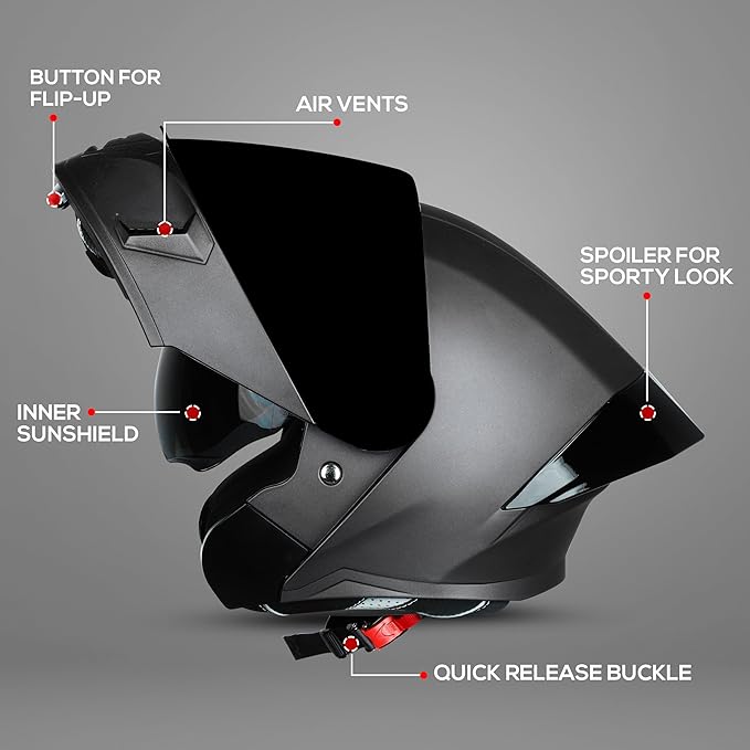 Steelbird SBA-20 7Wings ISI Certified Flip-Up Helmet with Black Spoiler for Men and Women with Inner Smoke Sun Shield (Glossy Grey with Smoke Visor).