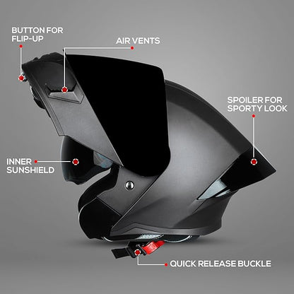 Steelbird SBA-20 7Wings ISI Certified Flip-Up Helmet with Black Spoiler for Men and Women with Inner Smoke Sun Shield (Glossy Grey with Smoke Visor).