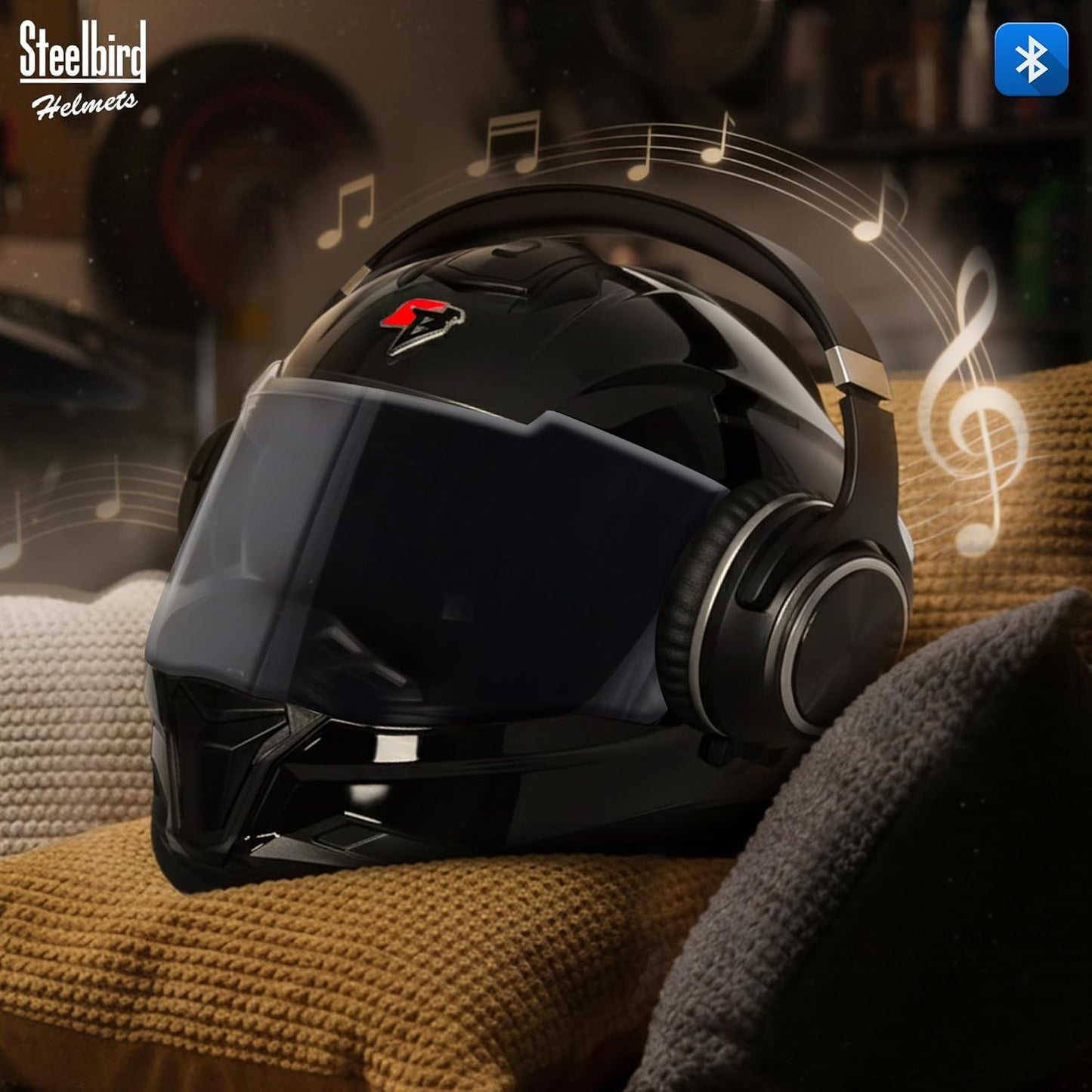 Steelbird SBH-57 Fighter Bass X Bluetooth Helmet ISI and DOT Certified Full Face Helmet for Men with Inner Silver Sun Shield (Glossy Black)