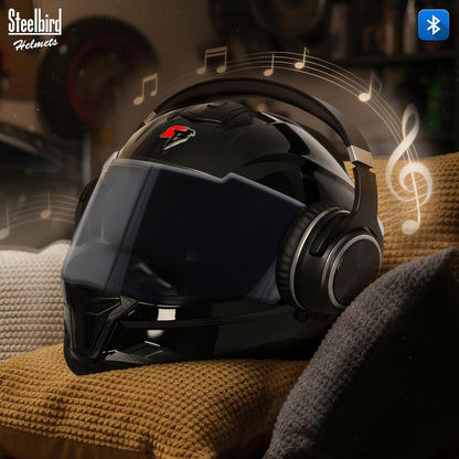 Steelbird SBH-57 Fighter Bass X Bluetooth Helmet ISI and DOT Certified Full Face Helmet for Men with Inner Silver Sun Shield (Glossy Black)