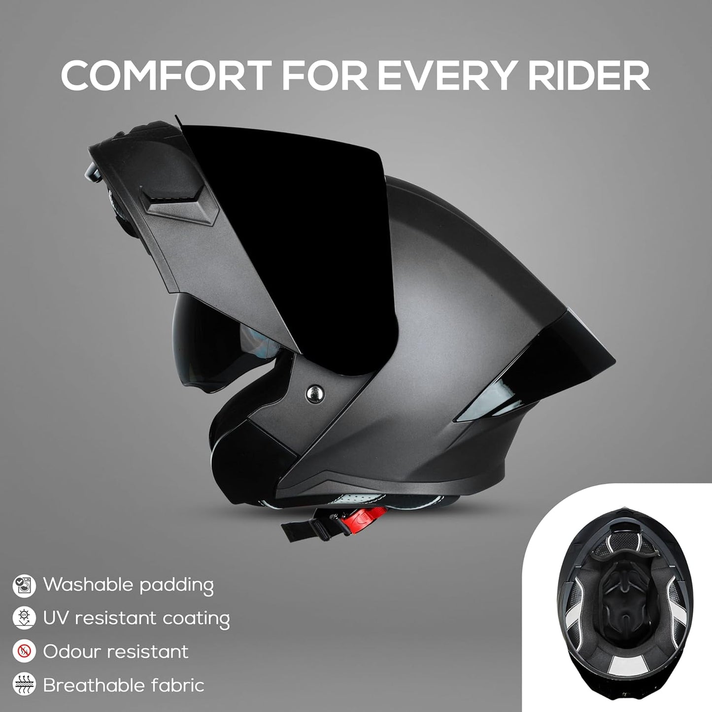 Steelbird SBA-20 7Wings ISI Certified Flip-Up Helmet with Black Spoiler for Men and Women with Inner Smoke Sun Shield (Glossy Grey with Smoke Visor).