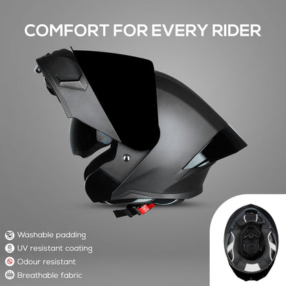 Steelbird SBA-20 7Wings ISI Certified Flip-Up Helmet with Black Spoiler for Men and Women with Inner Smoke Sun Shield (Glossy Grey with Smoke Visor).