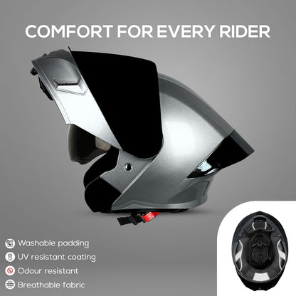 Steelbird SBA-20 7Wings ISI Certified Flip-Up Helmet with Black Spoiler for Men and Women with Inner Smoke Sun Shield (Glossy Silver with Smoke Visor).
