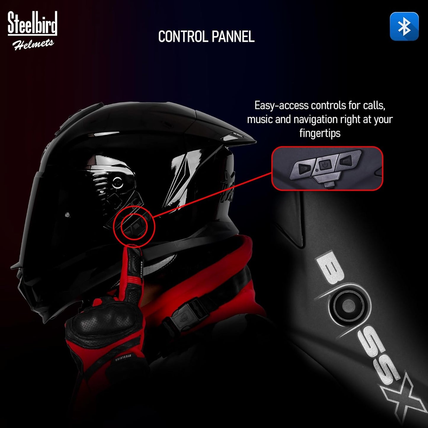 Steelbird SBH-57 Fighter Bass X Bluetooth Helmet ISI and DOT Certified Full Face Helmet for Men with Inner Silver Sun Shield (Glossy Black)