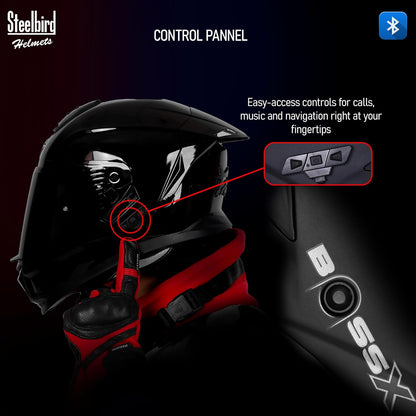 Steelbird SBH-57 Fighter Bass X Bluetooth Helmet ISI and DOT Certified Full Face Helmet for Men with Inner Silver Sun Shield (Glossy Black)