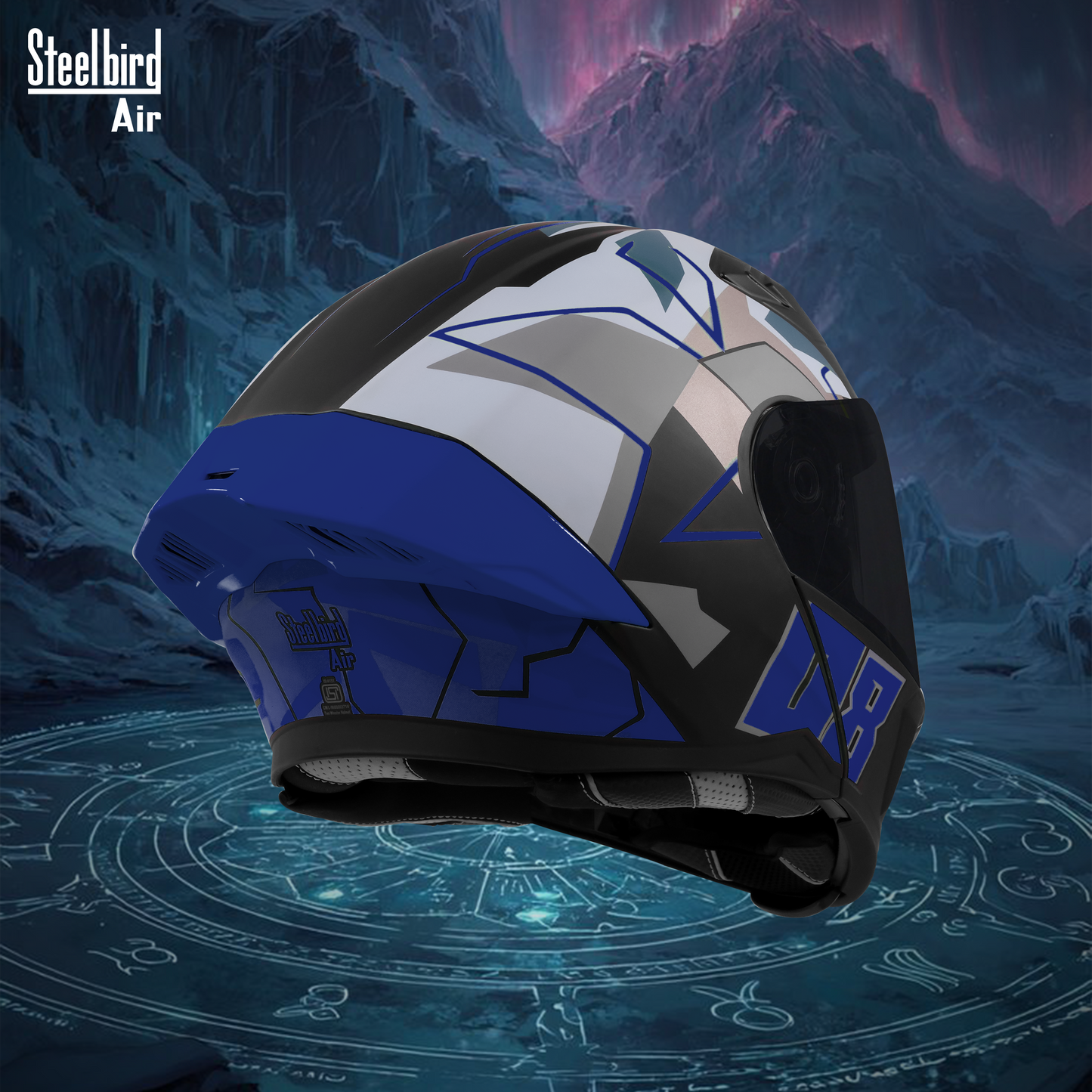 Steelbird SBA-20 08 ISI Certified Flip-Up Graphic Helmet for Men and Women with Inner Chrome Sun Shield.(Glossy Black Blue with Smoke Visor)