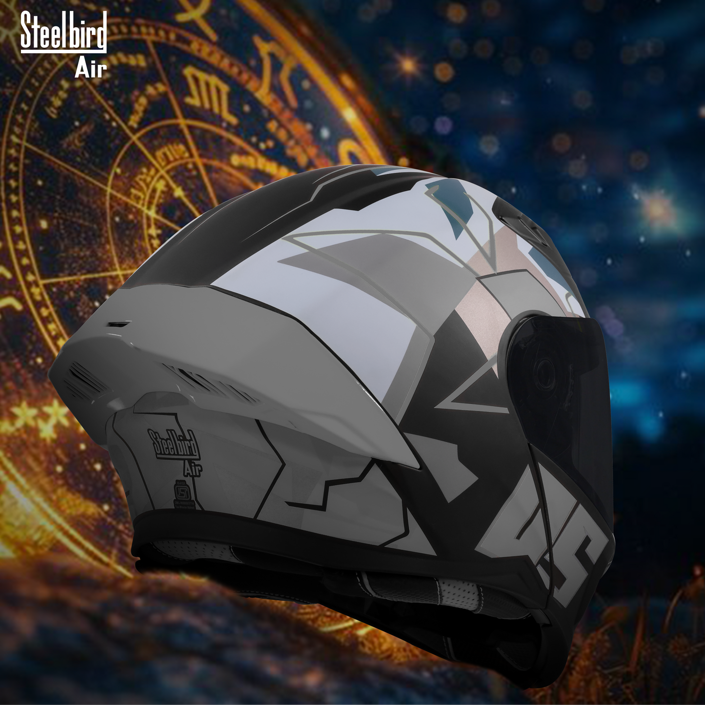 Steelbird SBA-20 05 ISI Certified Flip-Up Graphic Helmet for Men and Women with Inner Chrome Sun Shield .(Glossy Black Grey with Smoke Visor).