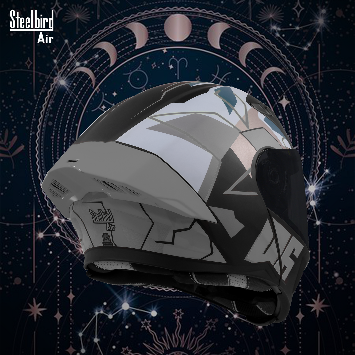 Steelbird SBA-20 06 ISI Certified Flip-Up Graphic Helmet for Men and Women with Inner Chrome Sun Shield .(Glossy Black Grey with Smoke Visor).