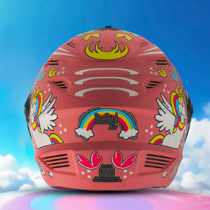 Steelbird SBA-6 Unicorn ISI Certified Open Face Graphic Helmet for Women and Kids (Matt Pink with Clear Visor) Regular