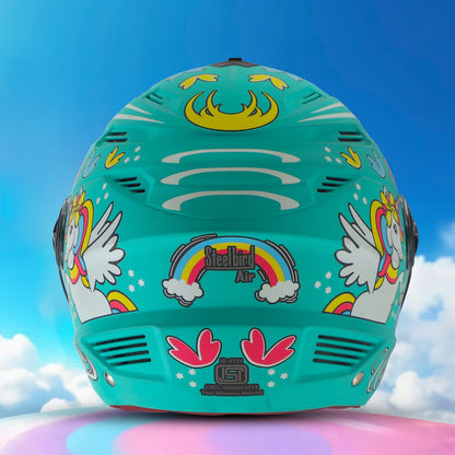 Steelbird SBA-6 Unicorn ISI Certified Open Face Graphic Helmet for Women and Kids (Matt Blue with Clear Visor) Regular