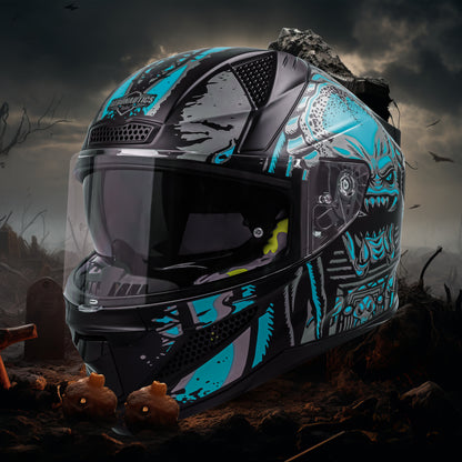 Steelbird SBH-25 Predator ISI Certified Full Face Graphic Helmet for Men and Women (Glossy Black Light Blue with Inner Smoke Sun Shield)