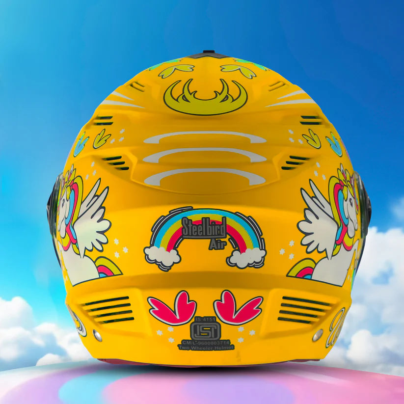 Steelbird SBA-6 Unicorn ISI Certified Open Face Graphic Helmet for Women and Kids (Matt Yellow with Clear Visor) Regular