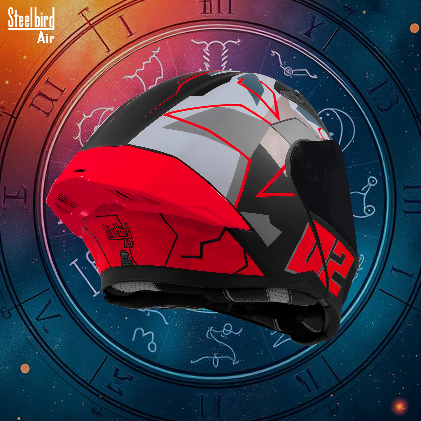 Steelbird SBA-20 02 ISI Certified Flip-Up Graphic Helmet for Men and Women with Inner Chrome Sun Shield .(Glossy Black Red with Smoke Visor).