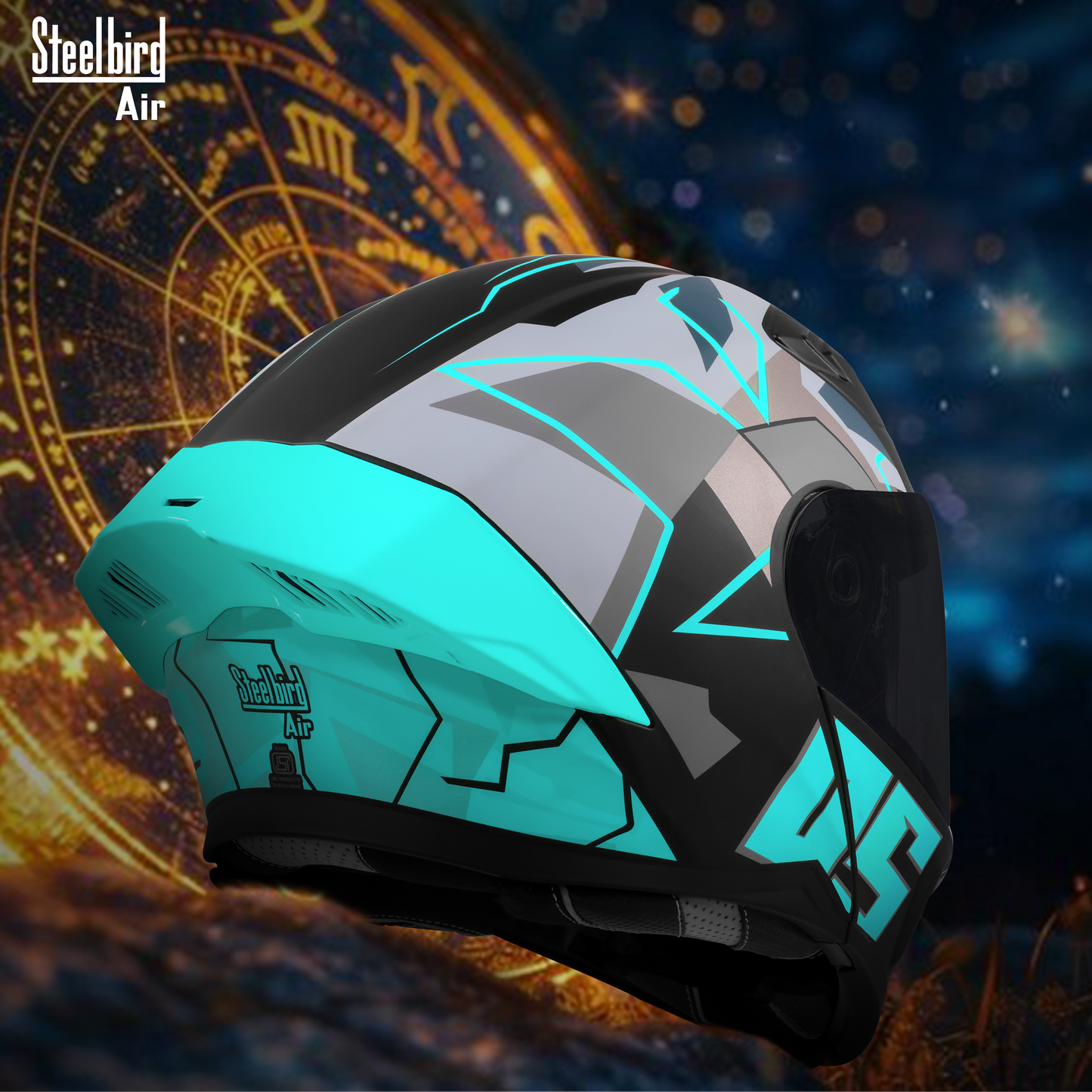 Steelbird SBA-20 05 ISI Certified Flip-Up Graphic Helmet for Men and Women with Inner Chrome Sun Shield. (Glossy Black Jazz Blue with Smoke Visor) .