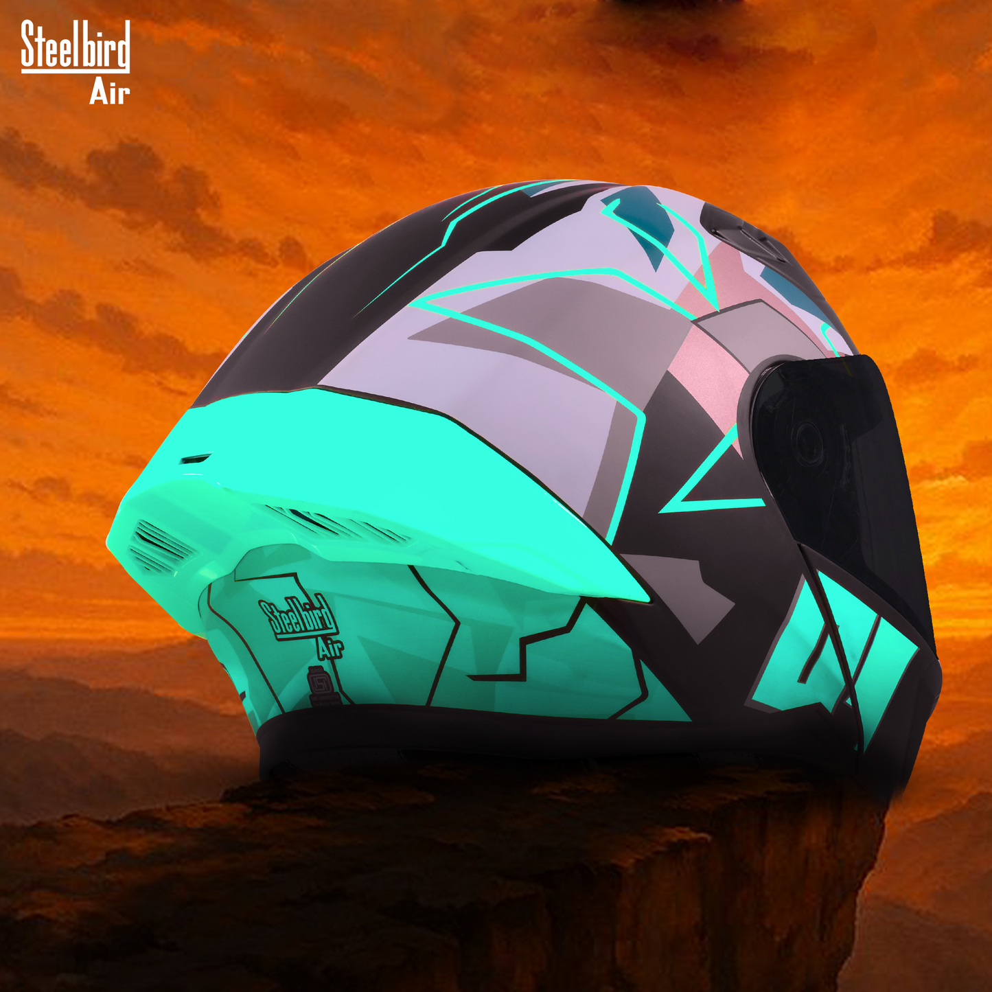 Steelbird SBA-20 01 ISI Certified Flip-Up Graphic Helmet for Men and Women with Inner Chrome Sun Shield. (Glossy Black Jazz Blue with Smoke Visor)