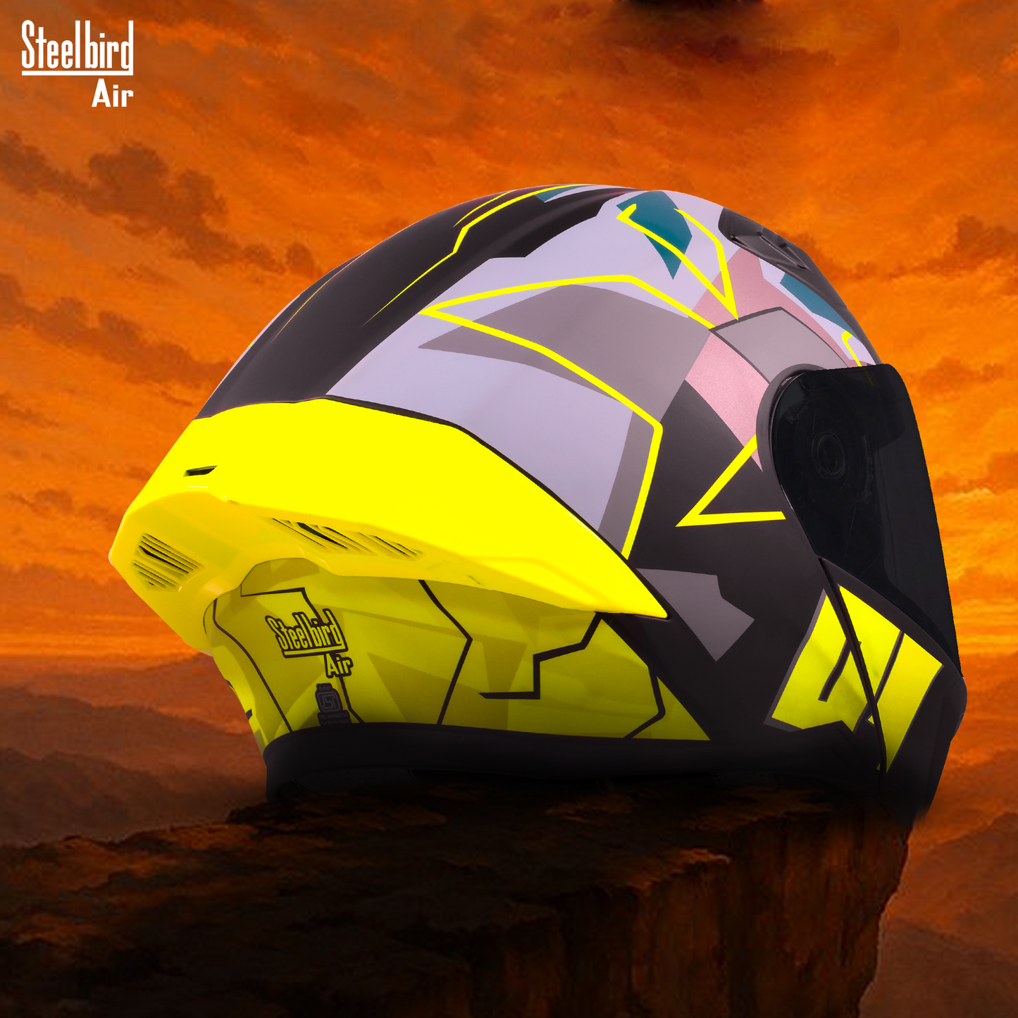 Steelbird SBA-20 01  ISI Certified Flip-Up Graphic Helmet for Men and Women with Inner Chrome Sun Shield .(Glossy Black Neon with Smoke Visor)