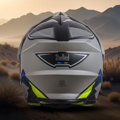 Steelbird Racer Off Road ISI Certified Motocross Double Visor Full Face Graphic Helmet Outer Clear Visor and Inner Silver Sun Shield (Glossy Grey Neon)