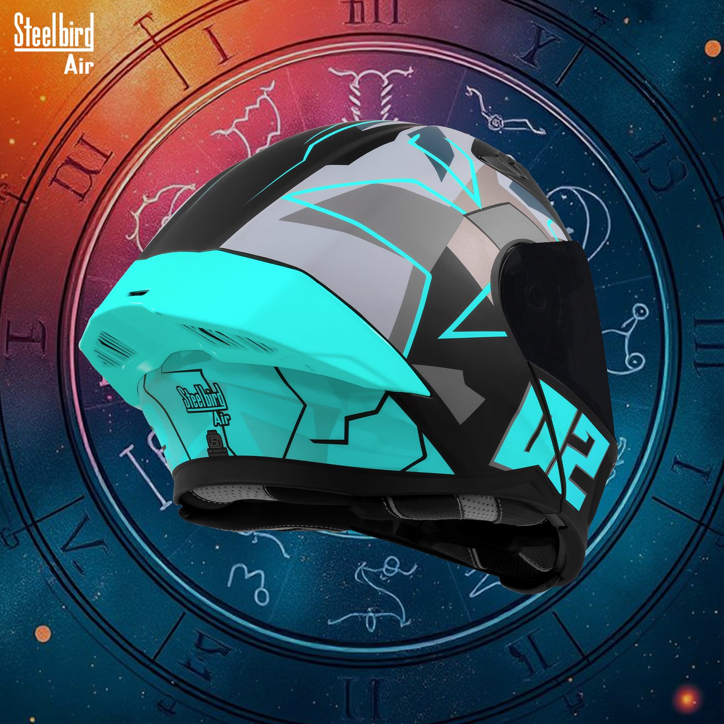 Steelbird SBA-20 02 ISI Certified Flip-Up Graphic Helmet for Men and Women with Inner Chrome Sun Shield. (Glossy Black Jazz Blue with Smoke Visor)