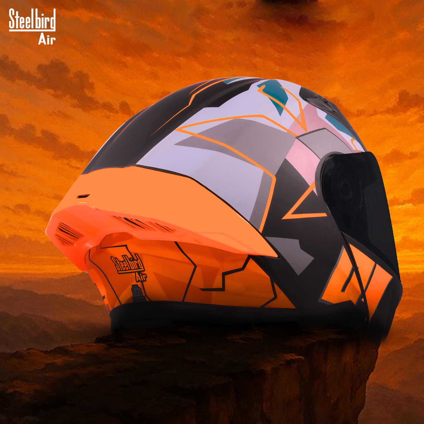 Steelbird SBA-20 01 ISI Certified Flip-Up Graphic Helmet for Men and Women with Inner Chrome Sun Shield .(Glossy Black Orange with Smoke Visor)