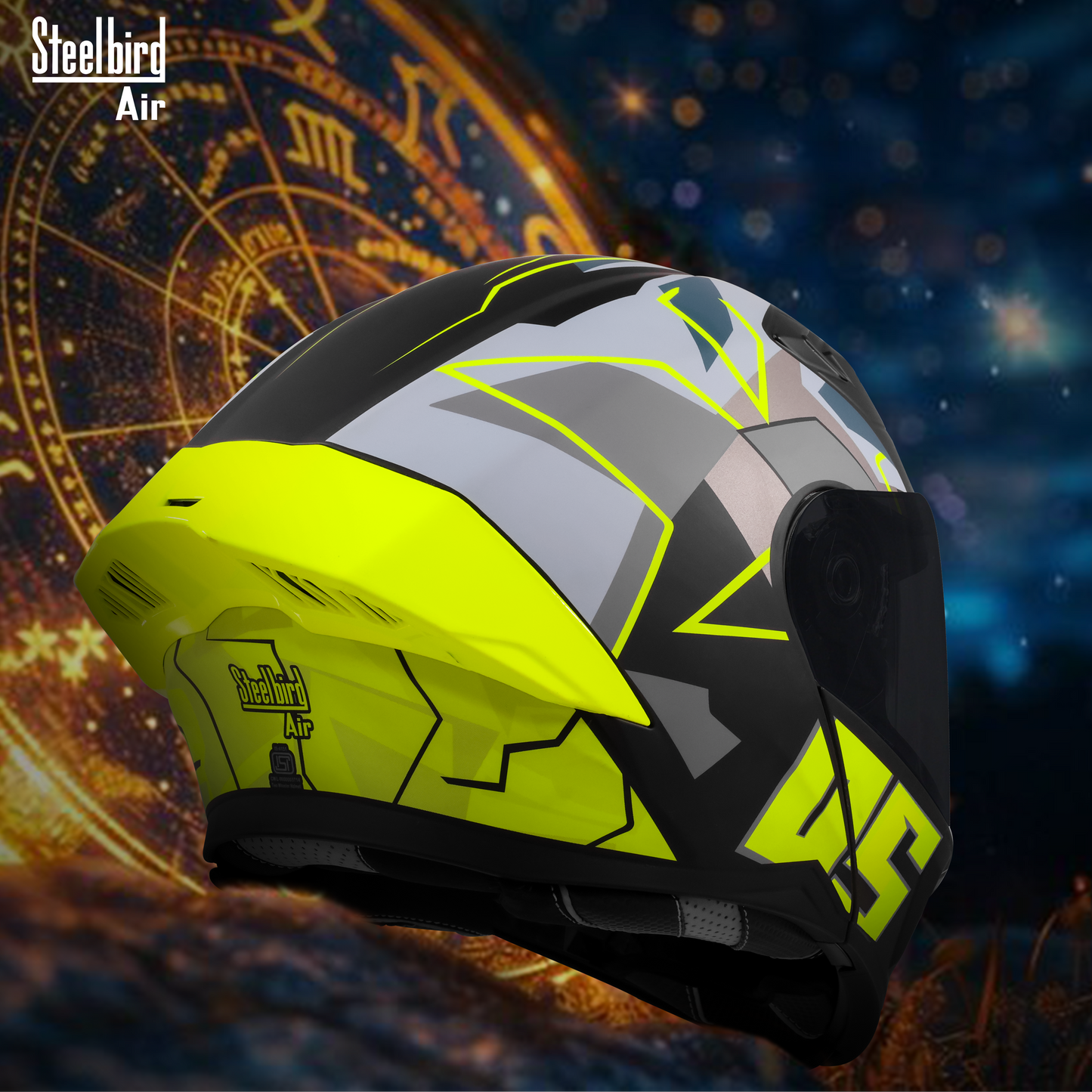 Steelbird SBA-20 05  ISI Certified Flip-Up Graphic Helmet for Men and Women with Inner Chrome Sun Shield .(Glossy Black Neon with Smoke Visor).