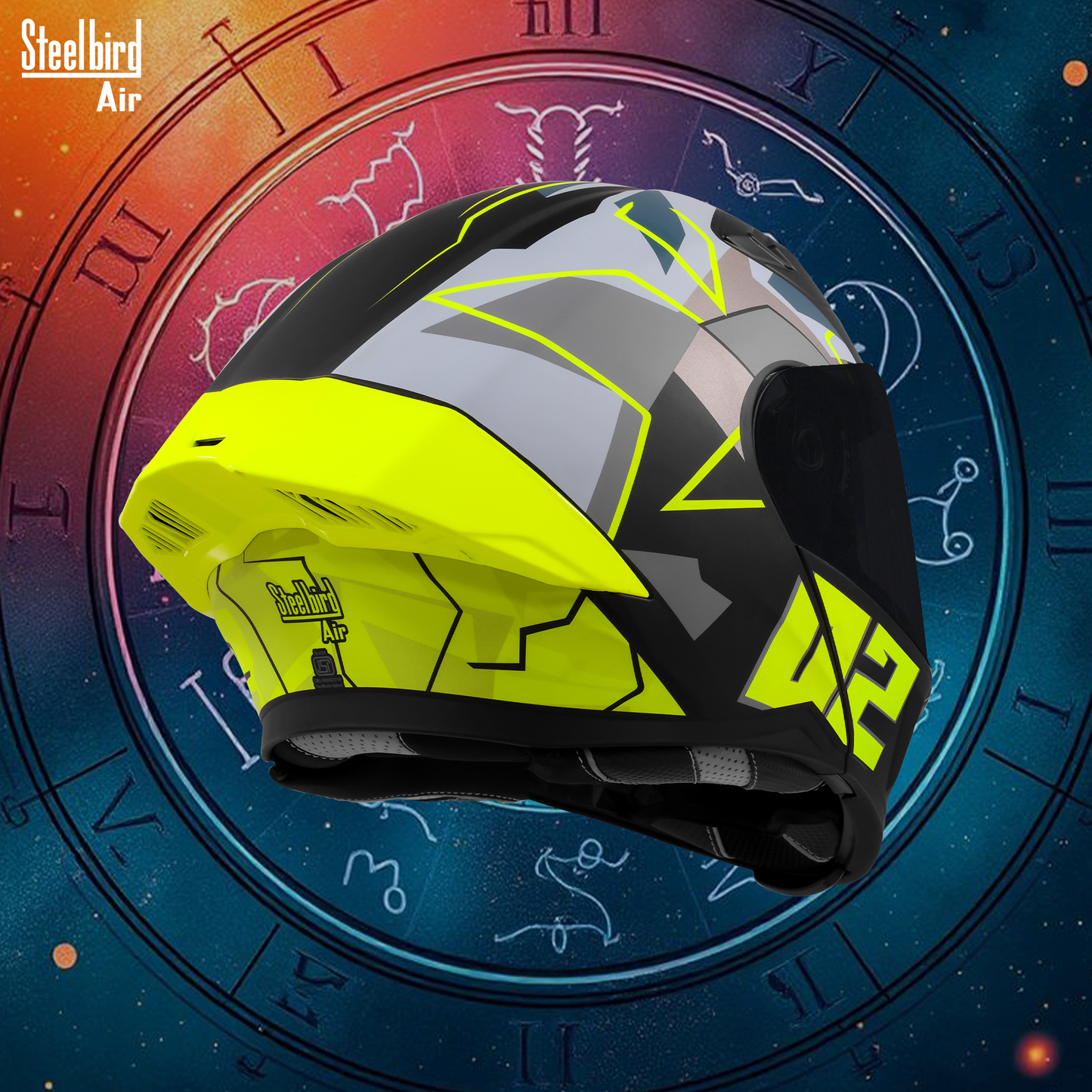 Steelbird SBA-20 02  ISI Certified Flip-Up Graphic Helmet for Men and Women with Inner Chrome Sun Shield .(Glossy Black Neon with Smoke Visor).