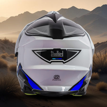 Steelbird Racer Off Road ISI Certified Motocross Double Visor Full Face Graphic Helmet Outer Clear Visor and Inner Silver Sun Shield (Glossy White Blue)
