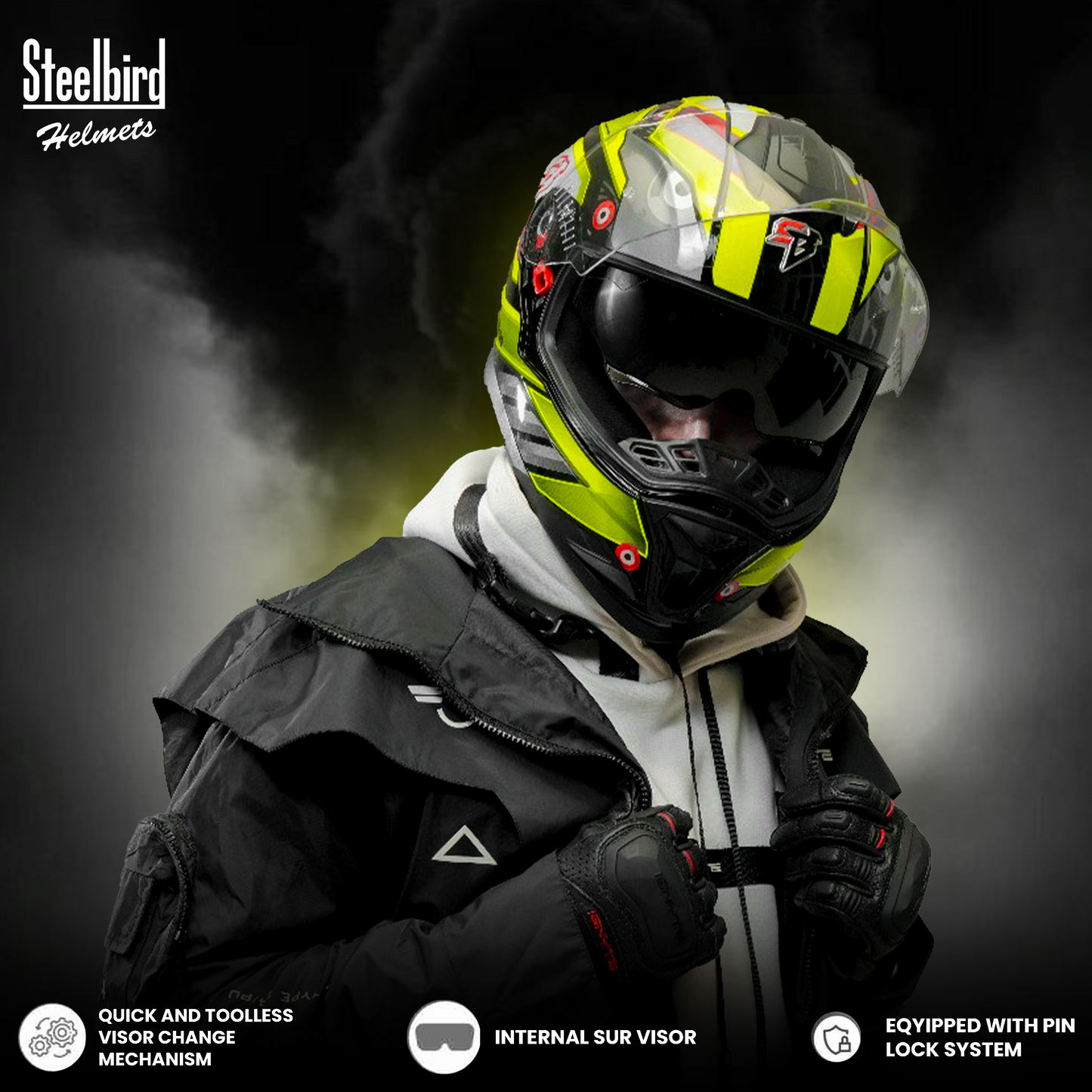 Steelbird SBH-57 Fighter F8 ISI and DOT Certified Full Face Graphic Helmet for Men and Women with Inner Silver Sun Shield .