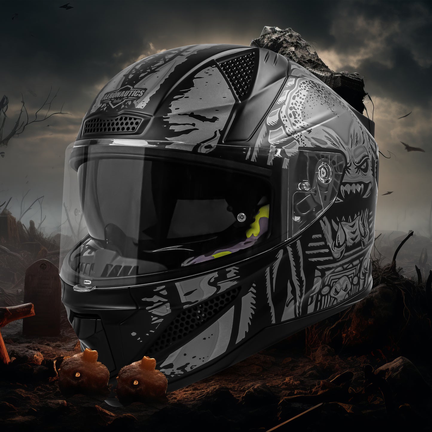 Steelbird SBH-25 Predator ISI Certified Full Face Graphic Helmet for Men and Women (Glossy Black Grey with Inner Smoke Sun Shield)