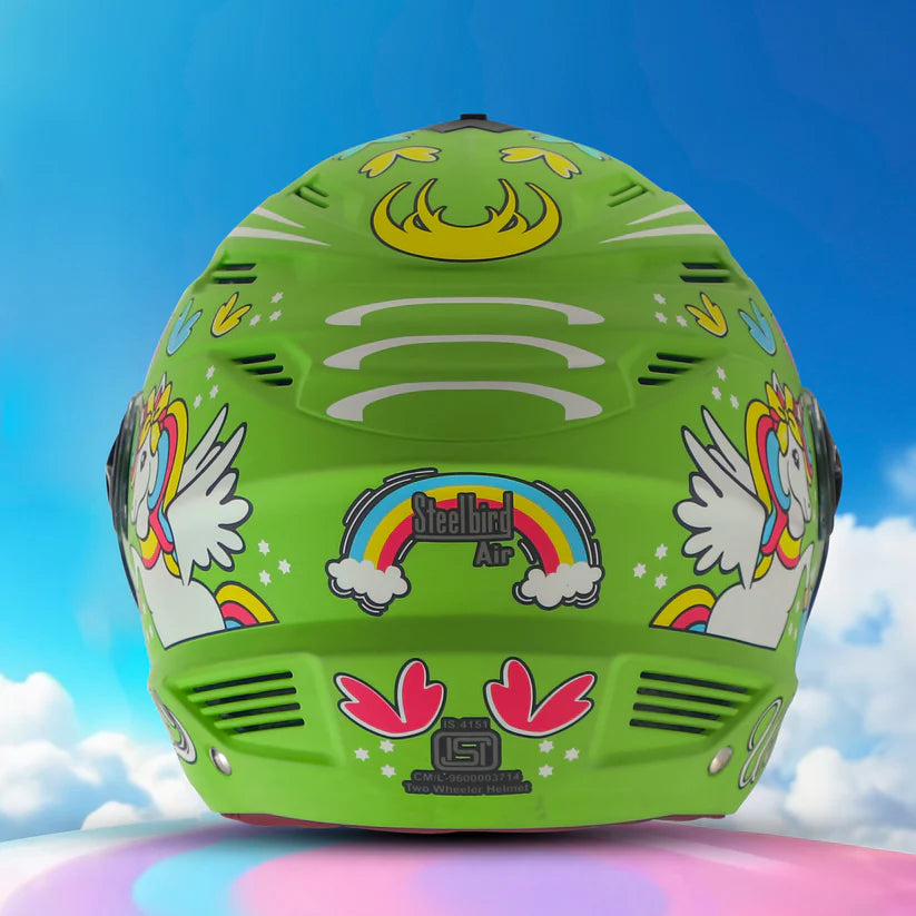 Steelbird SBA-6 Unicorn ISI Certified Open Face Graphic Helmet for Women and Kids (Matt Green with Clear Visor) Regular