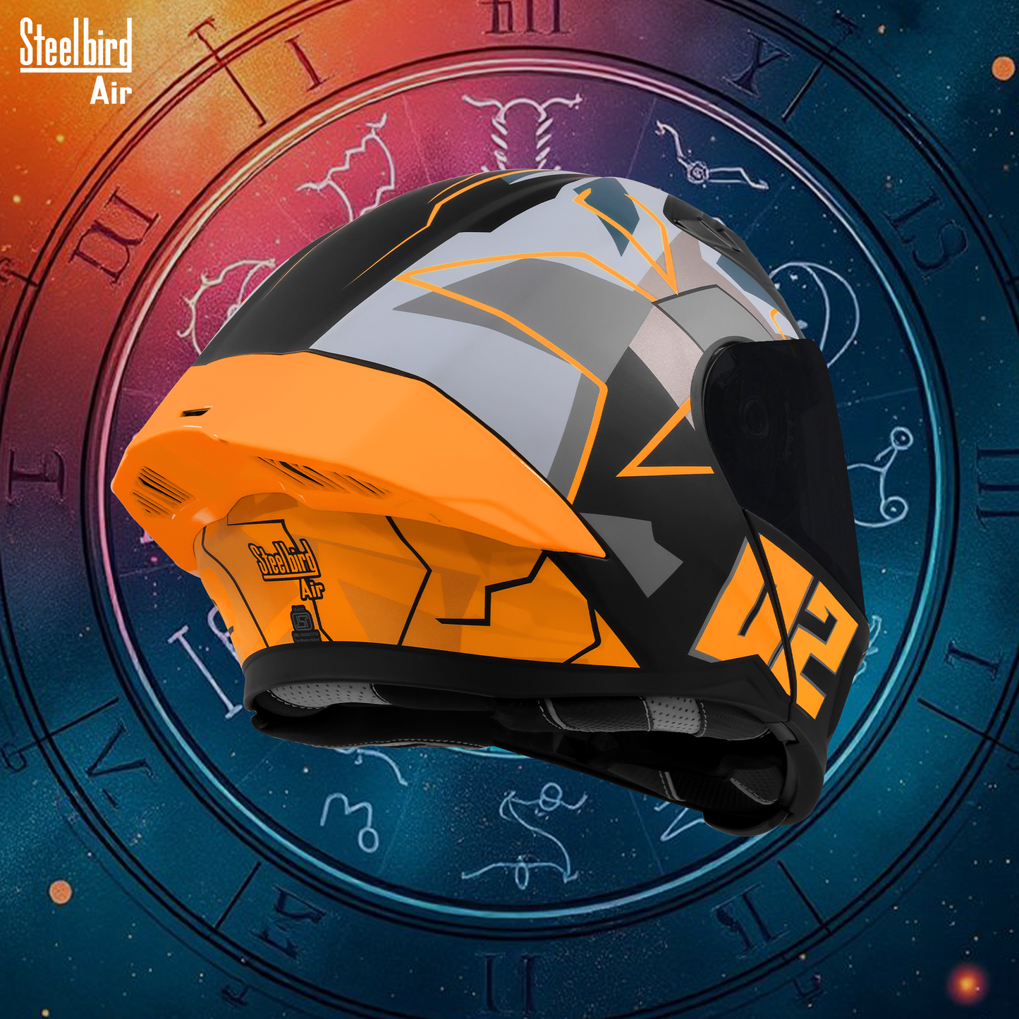 Steelbird SBA-20 02 ISI Certified Flip-Up Graphic Helmet for Men and Women with Inner Chrome Sun Shield .(Glossy Black Orange with Smoke Visor)