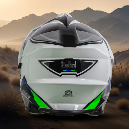 Steelbird Racer Off Road ISI Certified Motocross Double Visor Full Face Graphic Helmet Outer Clear Visor and Inner Silver Sun Shield (Glossy White Green)