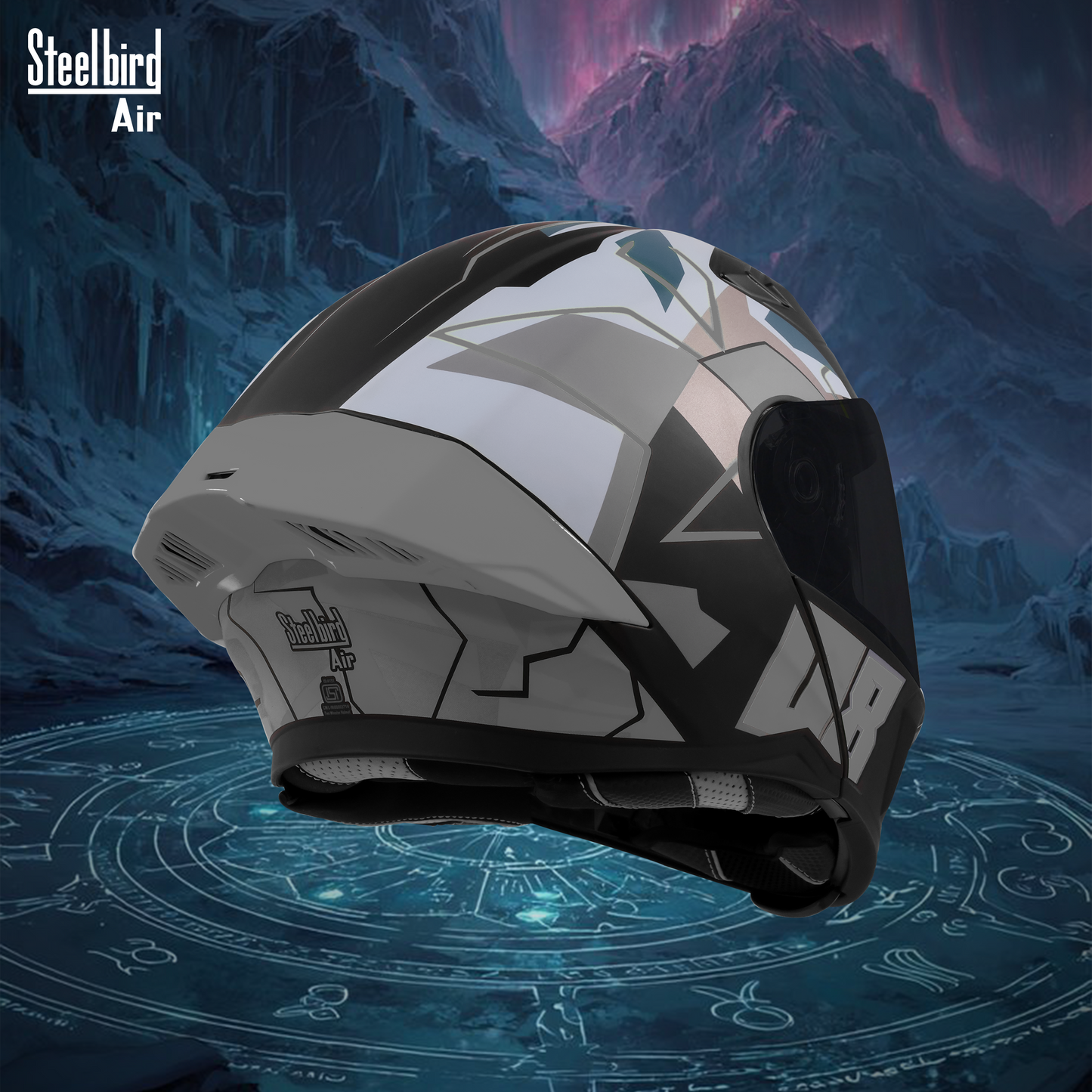 Steelbird SBA-20 08 ISI Certified Flip-Up Graphic Helmet for Men and Women with Inner Chrome Sun Shield .(Glossy Black Grey with Smoke Visor).