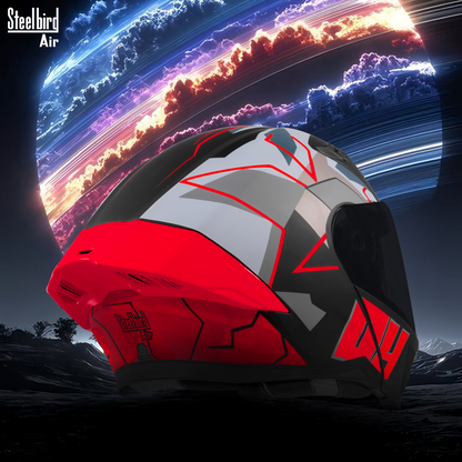 Steelbird SBA-20 04 ISI Certified Flip-Up Graphic Helmet for Men and Women with Inner Chrome Sun Shield .(Glossy Black Red with Smoke Visor).