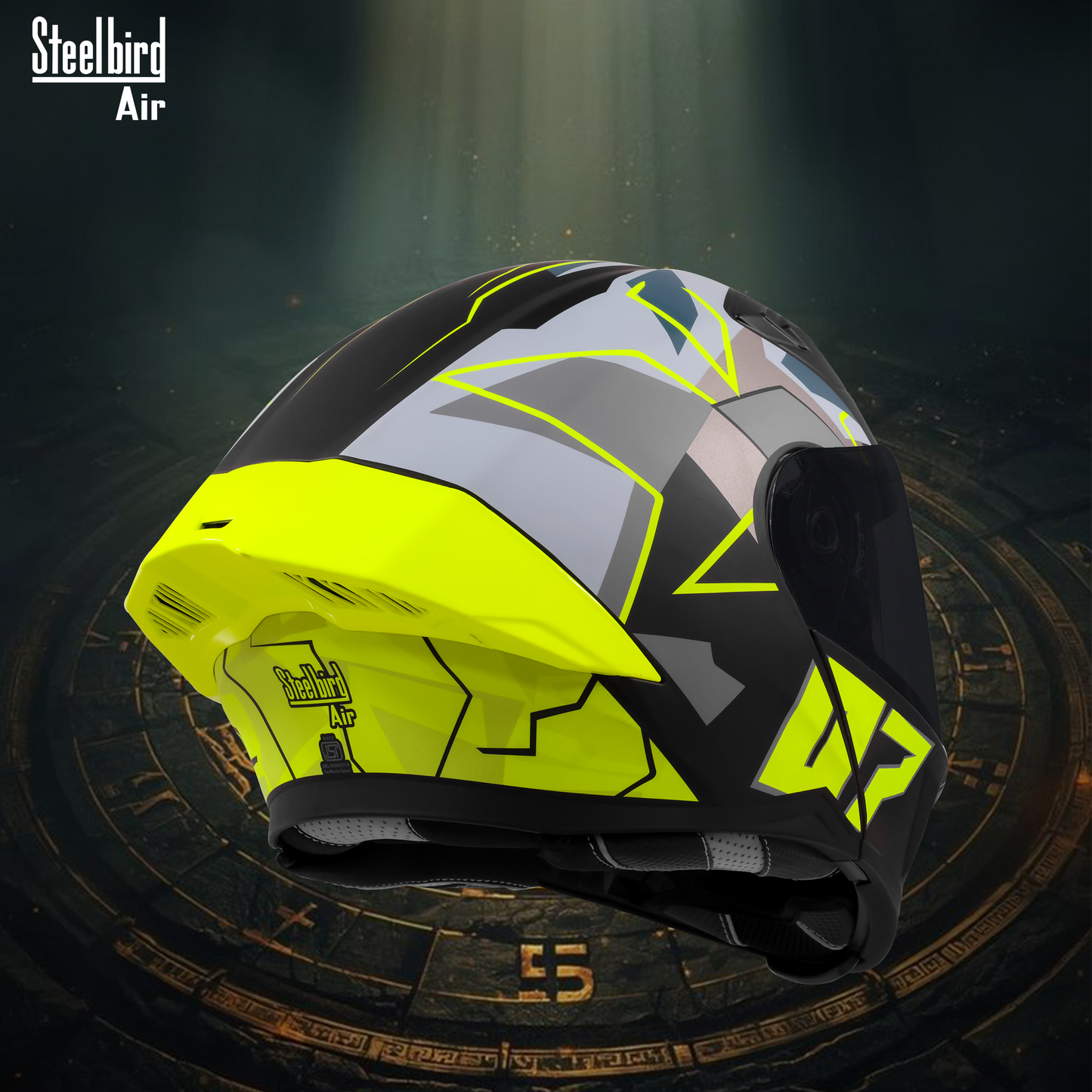 Steelbird SBA-20 07  ISI Certified Flip-Up Graphic Helmet for Men and Women with Inner Chrome Sun Shield .(Glossy Black Neon with Smoke Visor).