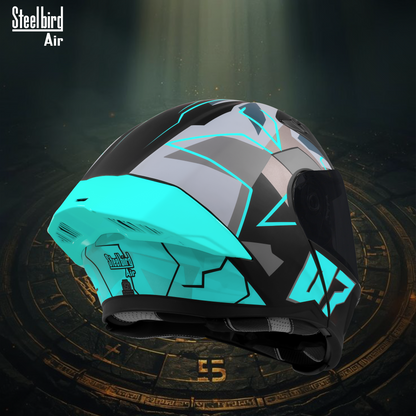 Steelbird SBA-20 07 ISI Certified Flip-Up Graphic Helmet for Men and Women with Inner Chrome Sun Shield. (Glossy Black Jazz Blue with Smoke Visor).