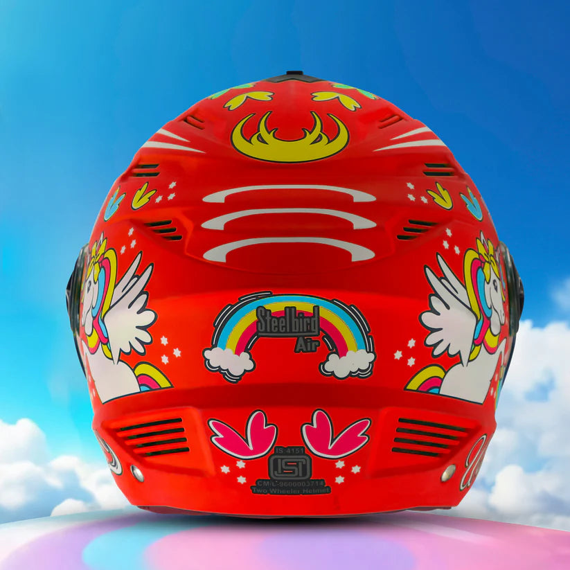Steelbird SBA-6 Unicorn ISI Certified Open Face Graphic Helmet for Women and Kids (Matt Red with Clear Visor) Regular.