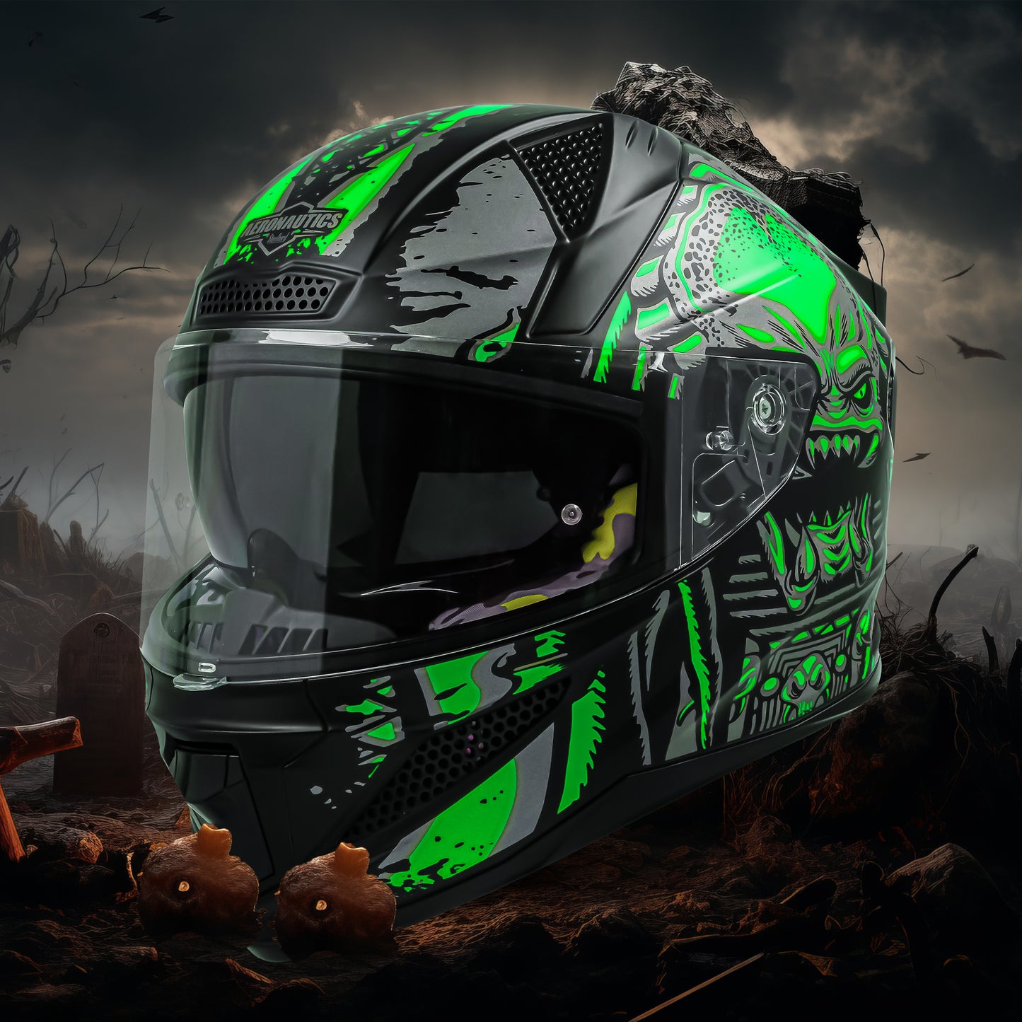 Steelbird SBH-25 Predator ISI Certified Full Face Graphic Helmet for Men and Women (Glossy Black Green with Inner Smoke Sun Shield).