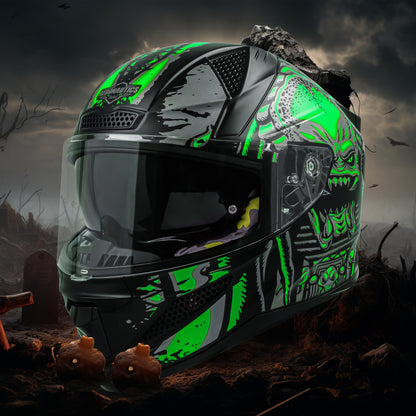 Steelbird SBH-25 Predator ISI Certified Full Face Graphic Helmet for Men and Women (Glossy Black Green with Inner Smoke Sun Shield).