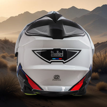 Steelbird Racer Off Road ISI Certified Motocross Double Visor Full Face Graphic Helmet Outer Clear Visor and Inner Silver Sun Shield (Glossy White Red)
