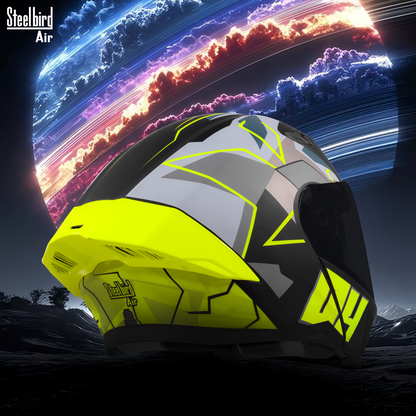 Steelbird SBA-20 04  ISI Certified Flip-Up Graphic Helmet for Men and Women with Inner Chrome Sun Shield .(Glossy Black Neon with Smoke Visor).
