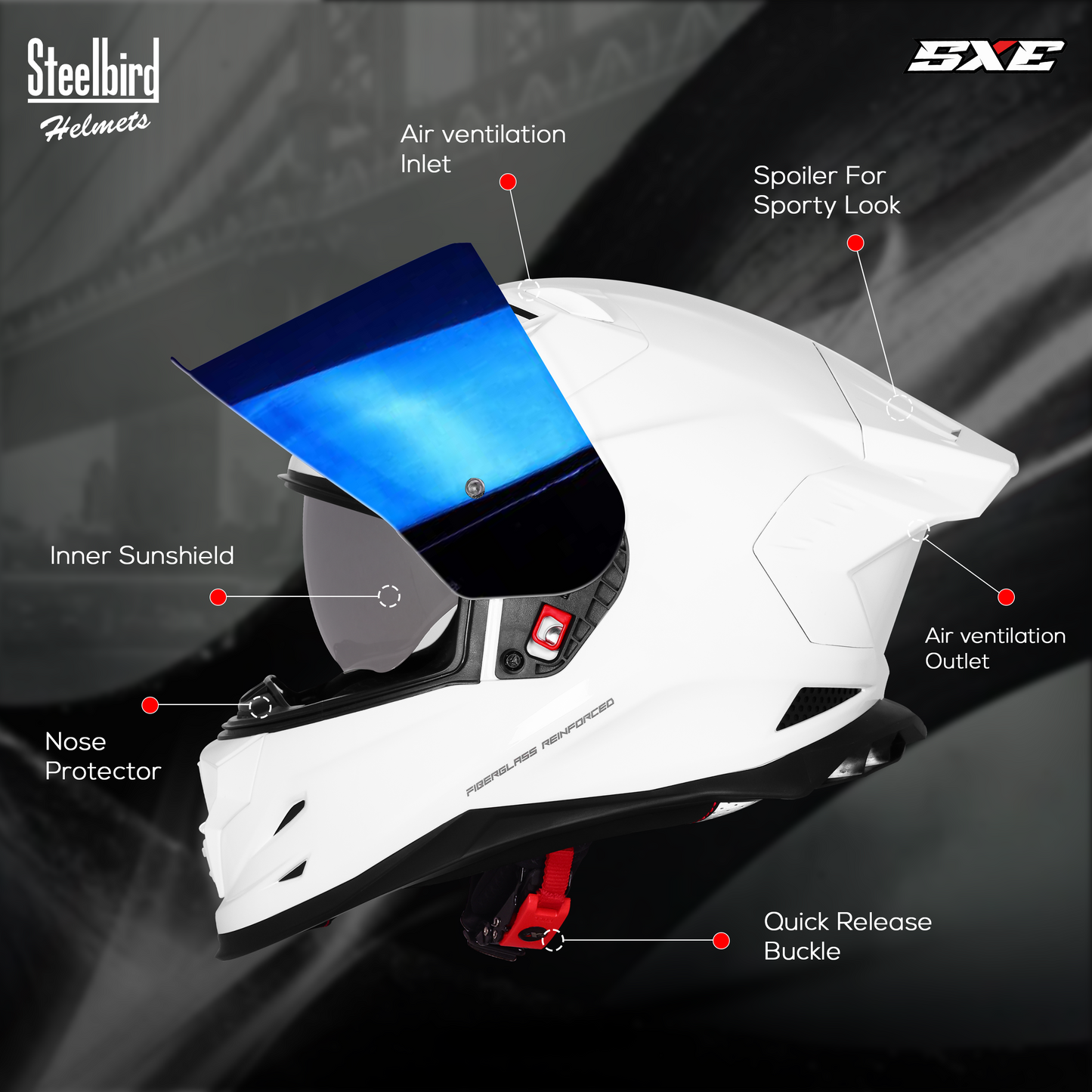 Steelbird SBH-61 SXE  Pinlock ISI and Dot Certified Full Face Helmet for Men with Inner Silver Sunshield . Clear With Chrome Visor.