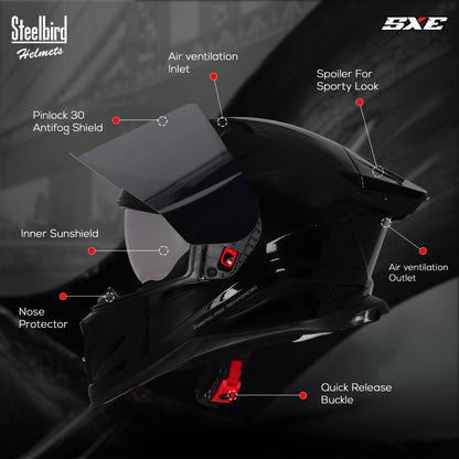 Steelbird SBH-61 SXE TPE Edition ISI and Dot Certified Full Face Helmet for Men with Inner Silver Sunshield . Clear With Smoke Visor.