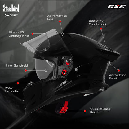 Steelbird SBH-61 SXE  Pinlock ISI and Dot Certified Full Face Helmet for Men with Inner Silver Sunshield . Clear With Anti Fog Shield.