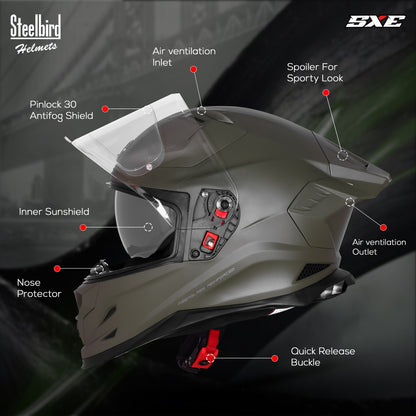 Steelbird SBH-61 SXE  Pinlock ISI and Dot Certified Full Face Helmet for Men with Inner Silver Sunshield . Clear With Anti Fog Shield.
